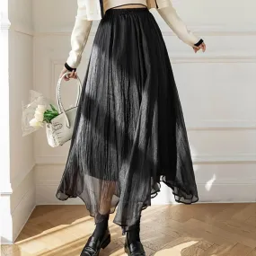 Elegant Vintage Flowy Mesh Temperamental Solid Color Irregular Hem Wedding Flared Midi Summer Skirt