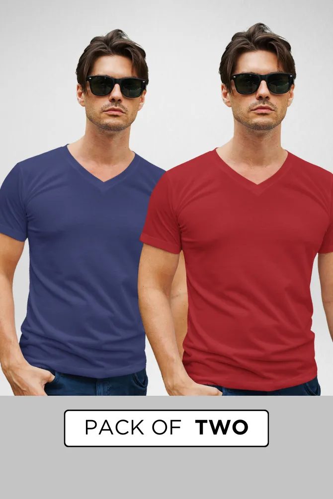 Red and Royal Blue V Neck T-Shirts Combo for Men